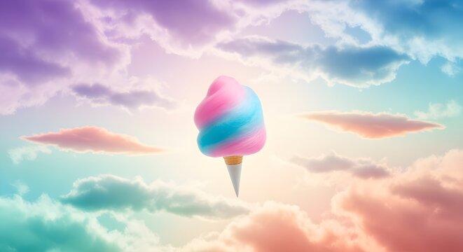 A creatively reimagined version of cotton candy cone floating against surreal pastel clouds, dreamy whimsical concept, emphasizing style, visual interest, and refined wording.