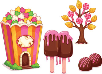 Candy tree illustration, popcorn house, chocolate popsicles, sweet treats, cartoon dessert art, whimsical food design, colorful candy graphics, playful sweets