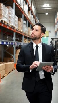 Logistics businessman inspecting inventory with tablet in warehouse for supply chain management