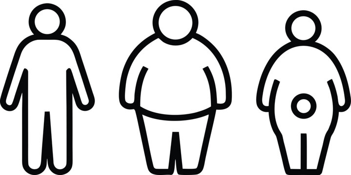 Different types body people line icon set. Size body person thin to fat, underweight, normal, overweight outline line art vector illustration