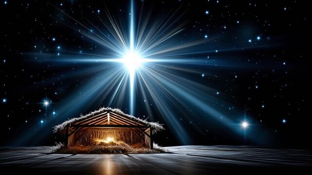 A nativity scene with the bright Star of Bethlehem shining above it in the night sky. The star shines brightly over a humble manger, depicting a nativity scene illuminated by the night sky and falling