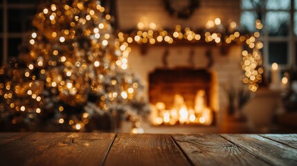 Obraz premium Warm Christmas bokeh lights with rustic wooden table