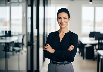 Confident professional woman with arms crossed smiling warmly in a modern office environment with bright natural light