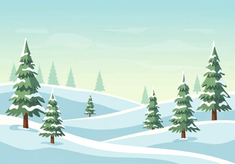 Obraz premium A serene winter landscape with snow-covered hills and evergreen trees, some topped with snow, under a light blue sky.