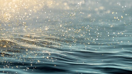 Sparkling sea surface, waves highlighted by ethereal golden glitter effects