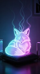 Obraz premium Mystical glowing canine creature emanates ethereal wisps while sitting upon a dark cushion