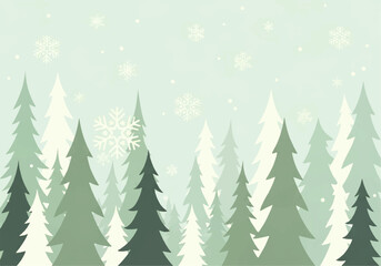 Fototapeta premium Stylized illustration of a winter forest with evergreen trees in varying shades of green and falling snowflakes on a light background.