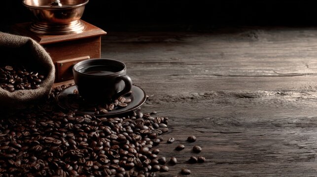 Dark rustic coffee beans with vintage grinder