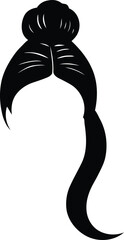 Stylized black silhouette vector graphic illustrating an elegant top knot bun hairstyle with a long flowing ponytail for women isolated on transparent background, Vector