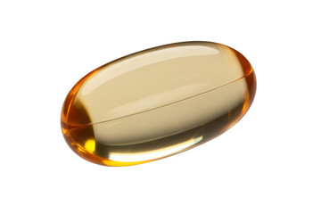 Single translucent yellow oval capsule with liquid inside isolated on a transparent background