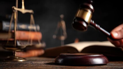 Judges gavel rests on sound block alongside scales of justice and law books in a quiet courtroom setting - Powered by Adobe