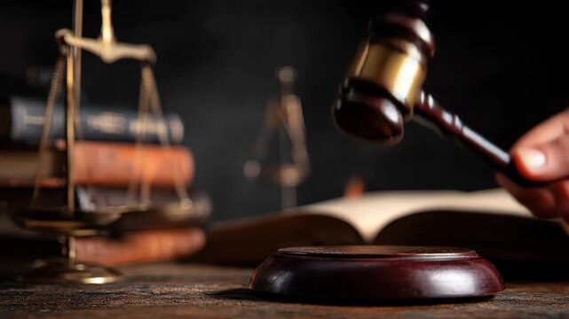 Judges gavel rests on sound block alongside scales of justice and law books in a quiet courtroom setting