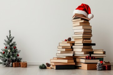 An artistic display of stacked books topped with a festive Santa hat, showcasing the holiday spirit amidst literature, blending joy and knowledge in a cozy setting.
