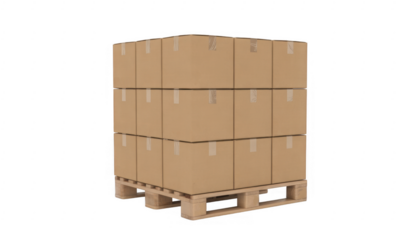 Stack of cardboard boxes on wooden pallet isolated on a transparent background