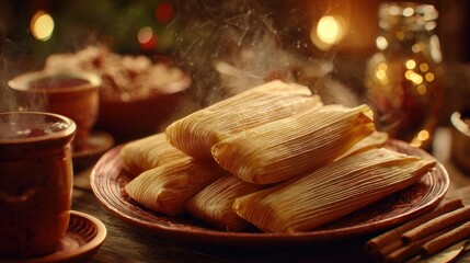A steaming plate of tamales wrapped in corn husks, part of a traditional Christmas Eve meal, with a glass of punch nearby,
