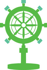 Stylized green ship's wheel vector icon with light blue handles on a clean white background, representing navigation and control. isolated on transparent background, Vector