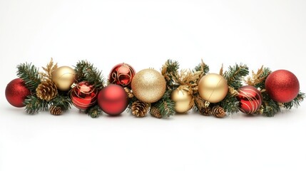 Christmas garland with golden and red ornaments on white background christmas accessories pineapple.