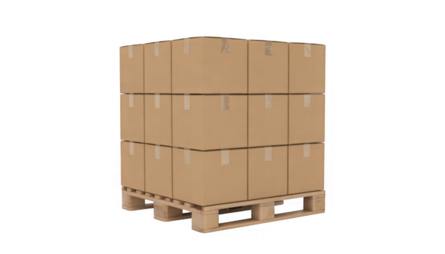Stack of cardboard boxes on wooden pallet isolated on a transparent background