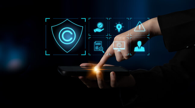 Digital copyright protection system showing secure ownership, intellectual property rights, content verification, and legal warning icons for creators and publishers Latch