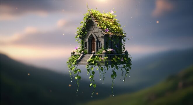 Stone cottage heavily overgrown with foliage floats serenely above misty mountains at sunrise