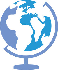 Stylized blue and white desk globe illustration showing continents, ideal for concepts of global education, travel, geography, and world connections. isolated on transparent background, Vector