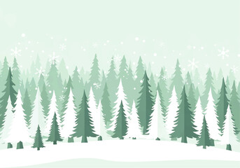 A winter scene depicting a forest of stylized evergreen trees covered in snow, with snowflakes falling in the background.