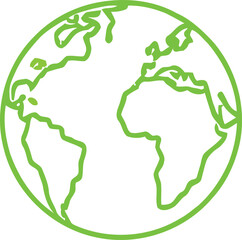 Simple hand-drawn green outline illustration of the planet earth globe showing continents, ideal for global communication, environmental concepts. isolated on transparent background, Vector