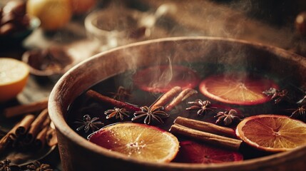 A steaming pot of mulled wine with orange slices and spices,