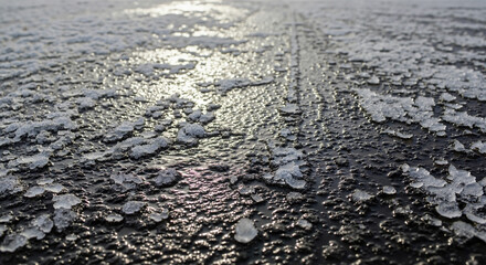 Ice patches forming on a wet surface during winter morning light  