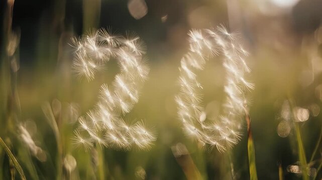 Number 20 formed by dandelion seeds with golden hour bokeh in nature.