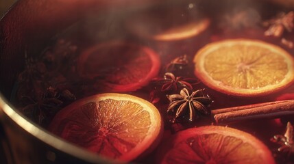 A steaming pot of mulled wine with orange slices and spices,