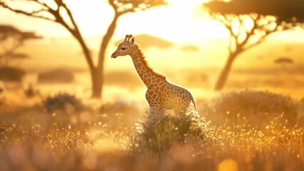 Young giraffe walking through african savanna with warm sunlight background - Powered by Adobe