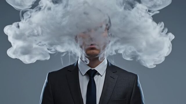 Businessman's head exploding into smoke as a metaphor for stress, burnout, and mental breakdown from information overload, representing anxiety, professional crisis, and pressure at work