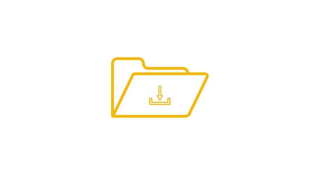 Simple yellow outline icon of an open folder with a download arrow inside on a white background