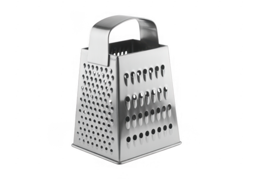 Stainless steel box grater with four grating surfaces isolated on a transparent background