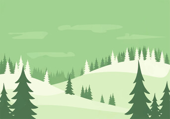 Obraz premium A serene, stylized landscape featuring rolling hills dotted with evergreen trees under a cloudy, muted green sky.