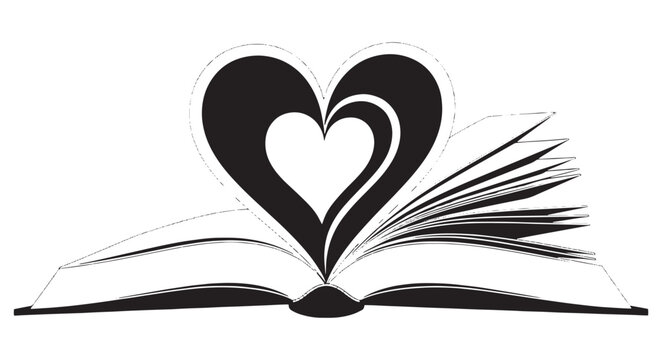 Illustration of an open book with a heart formed by its pages, symbolizing love of reading and imagination.