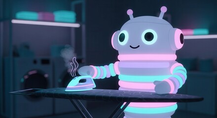 Glowing animated robot performs household chore using a steam iron indoors