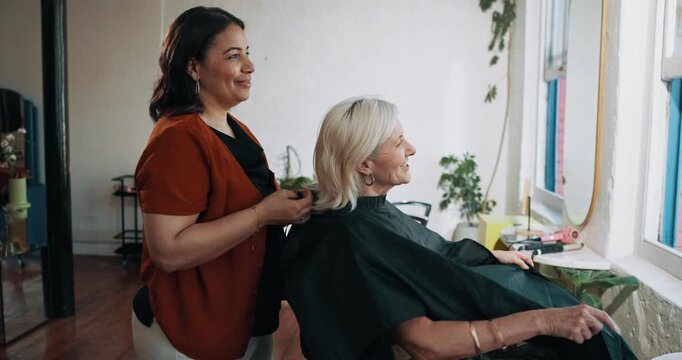 Salon cape, woman and beauty with hair care, professional and grooming with style. Start process, employee or client with conversation, treatment or customer service with wellness, people or makeover