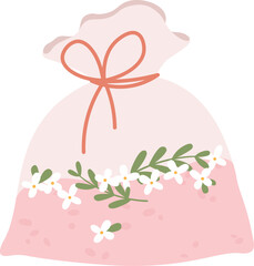 A pink bag with a white ribbon and flowers on it