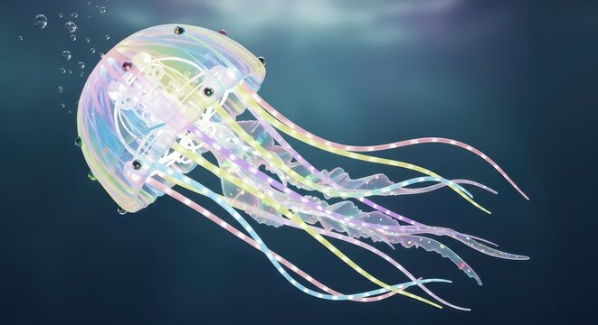 Bioluminescent marine creature floats gracefully in deep water environment