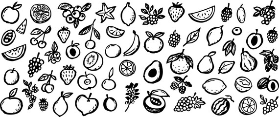 Fototapeta premium Hand-drawn fruit doodle set in black ink, featuring apples, berries, citrus, cherries, pears, kiwi, grapes and various tropical fruits in simple sketch style on transparent background
