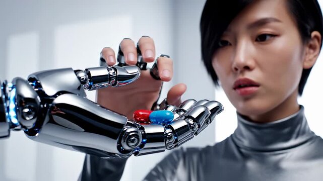 Futuristic asian woman in a silver outfit facing a difficult decision as a shiny chrome robotic hand offers a choice between a red pill and a blue pill, isolated on a white background