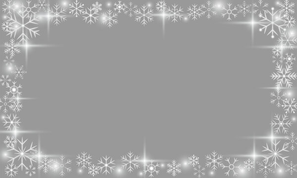 Rectangular winter snowflakes frame with sparkling snow stars shapes and festive glow on transparent background for elegant christmas and new year holiday greeting cards and invitations