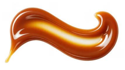 Swirl of glossy caramel sauce with bright highlights isolated on a transparent background