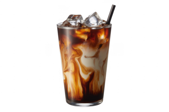 Tall glass of iced coffee with swirling cream and ice cubes isolated on a transparent background