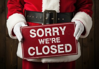 Santa claus holding a red sign that says sorry were closed in white letters, representing the end of the holiday season or a shop closure during christmas time