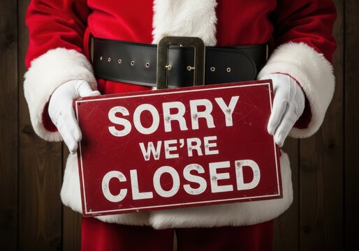Santa claus holding a red sign that says sorry were closed in white letters, representing the end of the holiday season or a shop closure during christmas time - Powered by Adobe