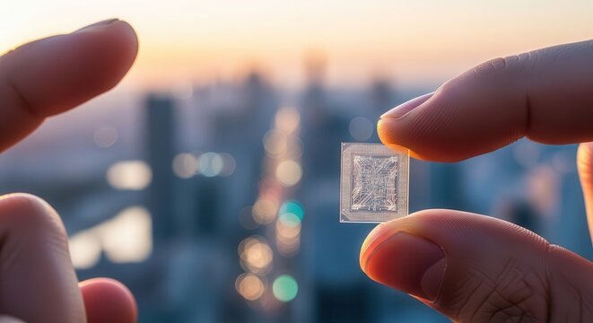 Close up view shows tiny integrated circuit held between human fingers against city skyline at sunset