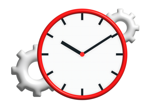 3D Illustration Featuring Red Clock and Gears. Ideal for Business, Work Efficiency and Organisational Content.